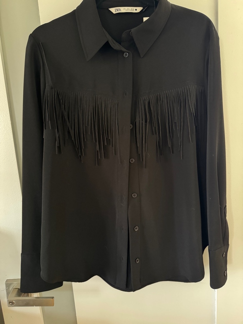 Zara Black Fringe Button-Down Blouse